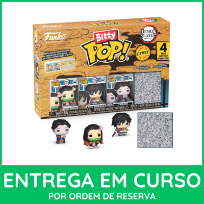 Caixa de figuras colecionáveis Funko Bitty Pop! Demon Slayer com 4 figuras pequenas coloridas.