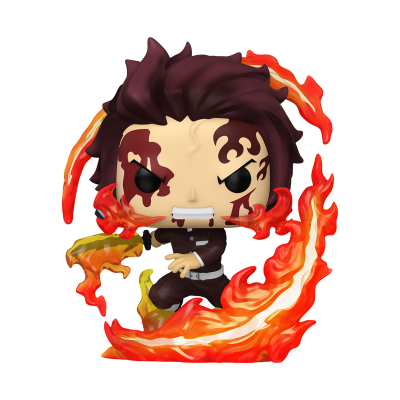 Figura Funko Pop de personagem com chamas laranja ao redor