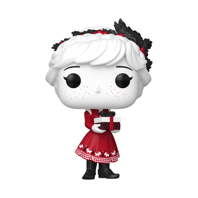Figura Funko Pop feminina com vestido vermelho de renas e cabelo branco decorado.