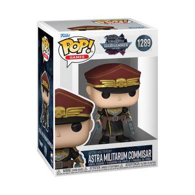 Figura Funko Pop! Astra Militarum Commissar dentro da caixa oficial com texto e logotipos