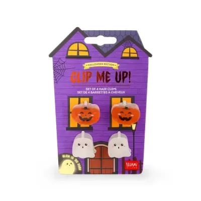 Conjunto de ganchos de cabelo Halloween em embalagem roxa formato casa