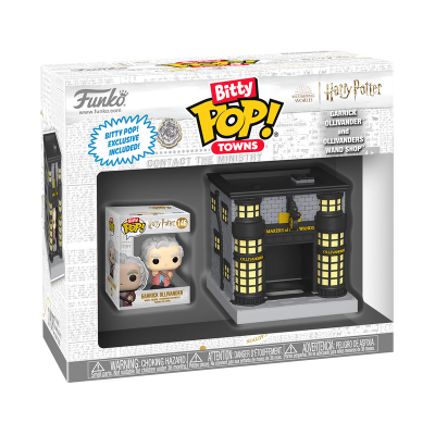 Caixa do produto Funko Pop Bitty Pop Towns Harry Potter com figura Dobby Ollivander e réplica da loja Ollivanders Wand Shop