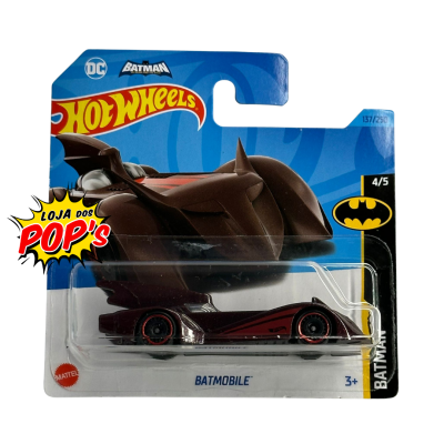 Miniatura Hot Wheels Batmobile preto e vermelho numa embalagem azul