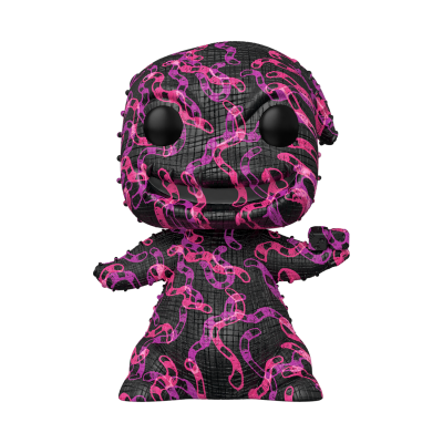 Boneco de vinil preto com padrão rosa, olhos grandes pretos, braço esquerdo levantado