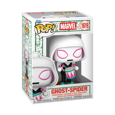 Funko Pop! Marvel Ghost-Spider nº1619 com boneco branco e rosa segurando tambor em caixa