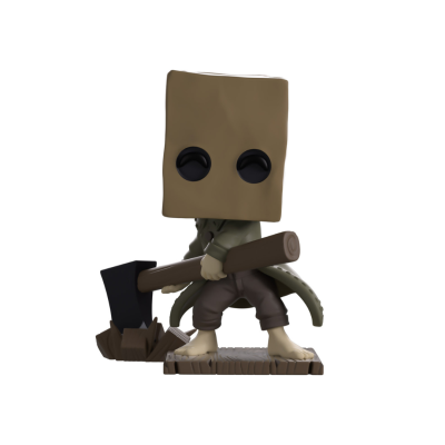 Figurinha colecionável de personagem com saco castanho na cabeça e machado