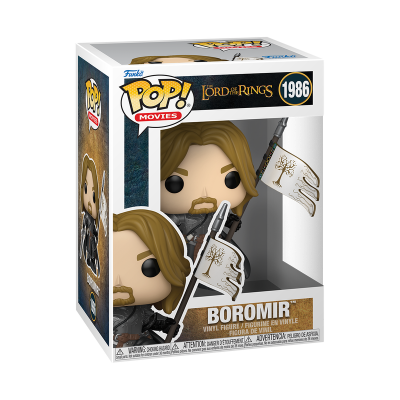 Funko Pop! Boromir de Senhor dos Anéis com lança e bandeira numa caixa de vitrine