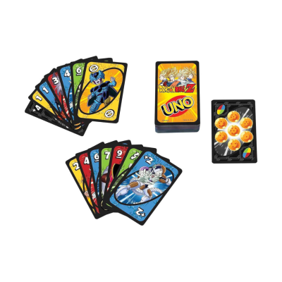 Jogo de cartas UNO Dragon Ball Z com personagens em várias cores