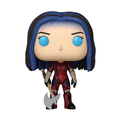 Boneco Funko Pop de personagem com fato vermelho e cabelo azul e preto, segurando machado.
