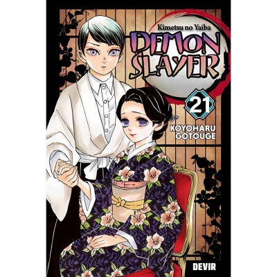 Capa do manga Demon Slayer volume 21 com dois personagens em kimonos e fundo de padrão de madeira