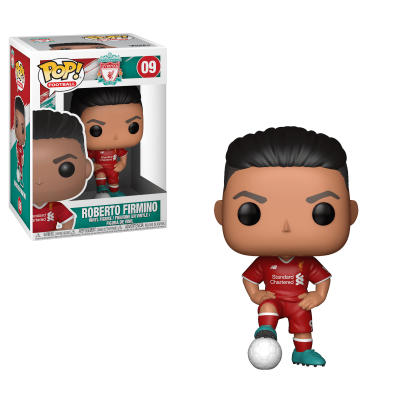 Figura Funko Pop de Roberto Firmino com roupa de futebol vermelha e bola branca
