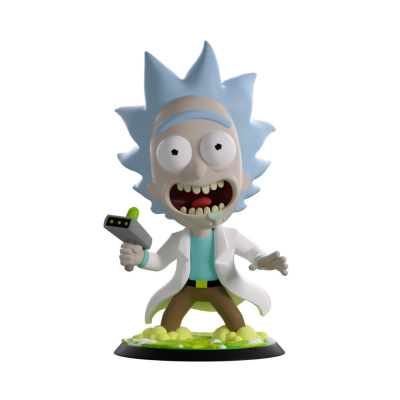 Figura de ação de Rick com casaco branco e arma futurista em base colorida