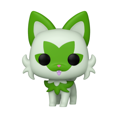 Figura colecionável estilo gato branco e verde com olhos grandes negros.