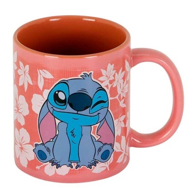 Caneca cor-de-rosa com Stitch azul e flores brancas