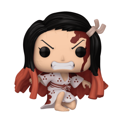 Figura Funko Pop com roupa branca e manchas vermelhas em pose agressiva