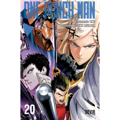 Capa de manga ONE PUNCH MAN com quatro personagens em estilo anime e texto informativo.