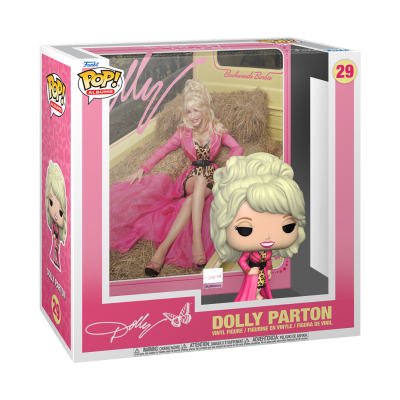 Figura Funko Pop! Dolly Parton em caixa rosa com imagem da cantora