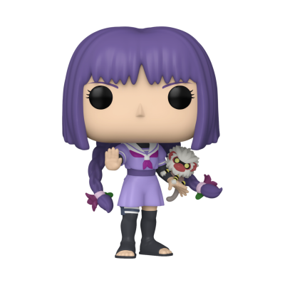 Figura Funko Pop de personagem com cabelo roxo e uniforme lilás segurando criatura pequena