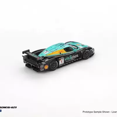 Miniatura de carro de corrida preto e azul turquesa com logotipos e número 1