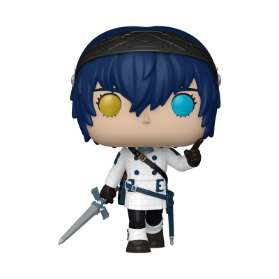 Figura Funko Pop com cabelo azul e roupa branca segurando espada