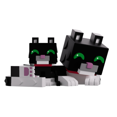 Duas figuras de gatos pixel art pretos e brancos com olhos verdes e narizes rosa