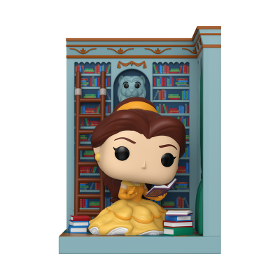 Funko Pop da Bela com vestido amarelo e estante de livros ao fundo