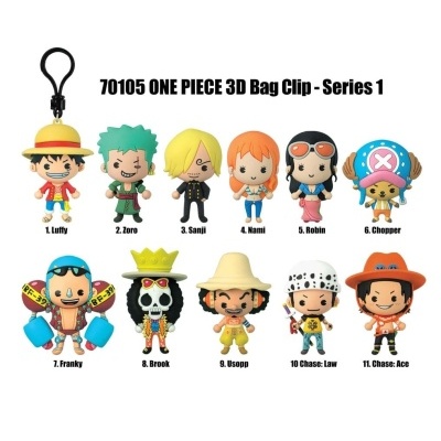 Conjunto de chaveiros 3D ONE PIECE com personagens coloridos e nomes associados.