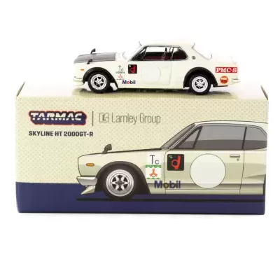 Miniatura de carro de corrida branco com capot cinzento sobre caixa Tarmac