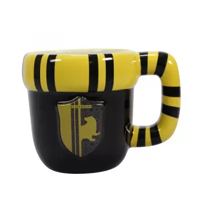Caneca preta e amarela com escudo e riscas pretas