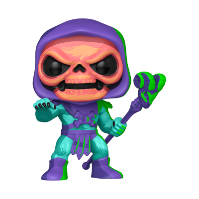 Figura colecionável Funko Pop de esqueleto com capuz roxo e bastão