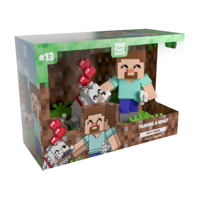 Figura vinil Minecraft YouTooz Taming a Wolf com personagem e lobo em embalagem