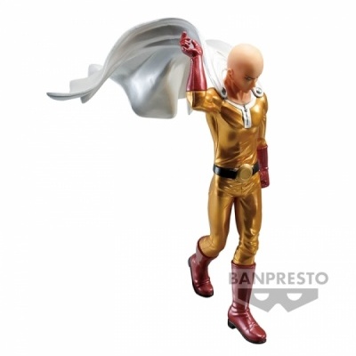 Figura de ação de personagem com fato dourado, capa branca e botas vermelhas