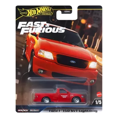 Miniatura Ford F-150 SVT Lightning vermelha em embalagem Hot Wheels Premium Fast & Furious