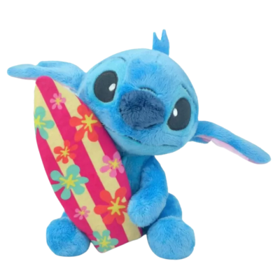 Pelúcia Stitch azul com prancha de surf colorida e flores