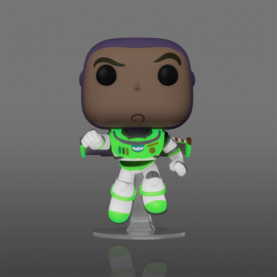 Figura Funko Pop do personagem Buzz Lightyear em fato branco e verde com base transparente