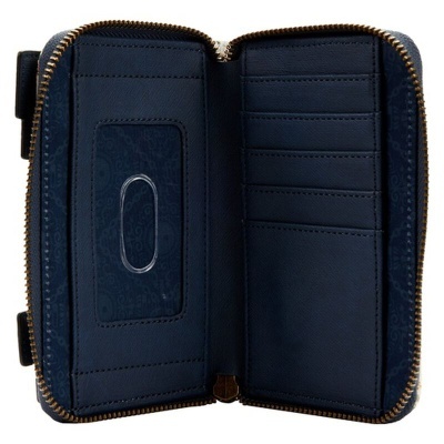 Carteira azul escura com fecho de zíper dourado aberta mostrando compartimentos internos