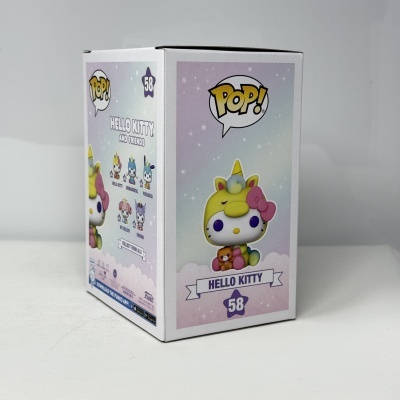 Caixa Funko Pop! Hello Kitty unicórnio número 58 com design colorido e fundo em gradiente roxo-azul claro