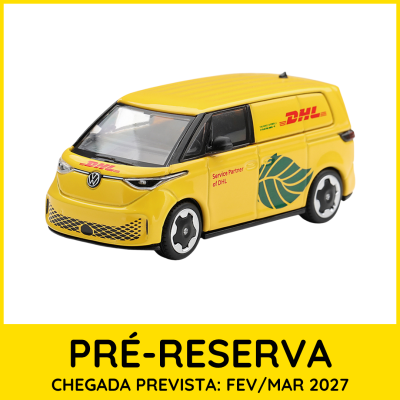 Miniatura de carrinha de entrega DHL amarela com logótipos Volkswagen e DHL