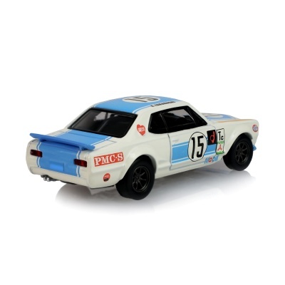 Miniatura de carro de corrida branco com detalhes azuis e número 15