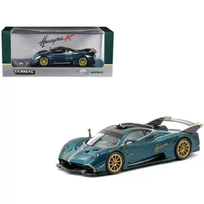 Miniatura do carro Pagani Huayra R azul metálico com detalhes dourados na embalagem