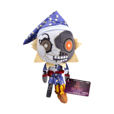 Boneco de pelúcia robô com chapéu de feiticeiro e roupa colorida