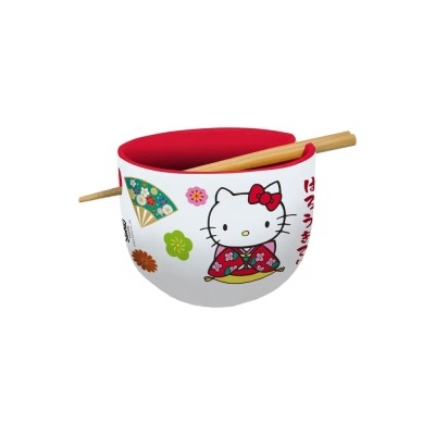 Tigela branca Hello Kitty com quimono vermelho e pauzinhos