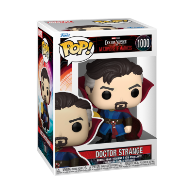 Boneco Funko Pop! Doctor Strange com capa vermelha e roupa azul na embalagem.