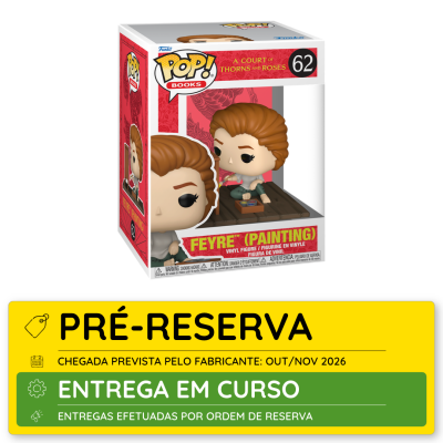 Figura de vinil Pop! Books de Feyre a pintar, numa caixa transparente com fundo vermelho.