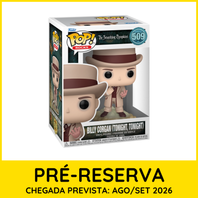Figura vinyl Billy Corgan POP! Rocks na caixa com texto de pré-reserva.
