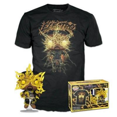 Conjunto Funko Pop com t-shirt preta de personagem elétrico e embalagem