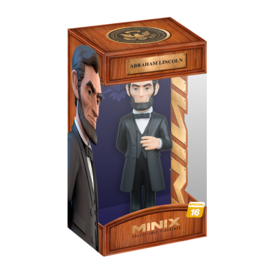 Figura colecionável Abraham Lincoln em caixa com design madeira e texto