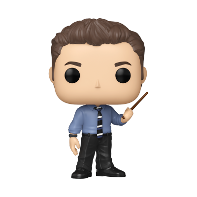 Boneco Funko Pop homem cabelo castanho, camisa azul, gravata preta e branca, calças e sapatos pretos, segurando varinha