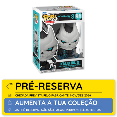 Boneco Funko Pop! Kaiju No. 8 vinyl na caixa com aviso de pré-reserva amarelo e azul