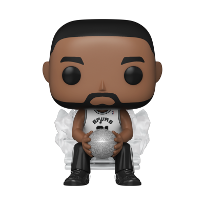 Figura colecionável estilo Funko Pop de jogador de basquetebol sentado num trono branco.